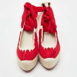 Pre Owned Christian Louboutin Off White/Red Canvas Ibiza Espadrille Platform Wedge Pumps Size 38