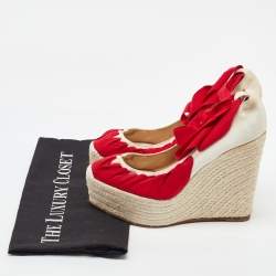 Pre Owned Christian Louboutin Off White/Red Canvas Ibiza Espadrille Platform Wedge Pumps Size 38