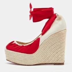 Pre Owned Christian Louboutin Off White/Red Canvas Ibiza Espadrille Platform Wedge Pumps Size 38