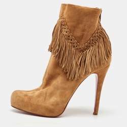 Christian Louboutin Light Tan Suede Rom Fringe Detail Platform Ankle Boots Size 39