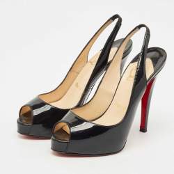 Pre Owned Christian Louboutin Black Patent Leather Lady Peep Slingback Pumps Size 35