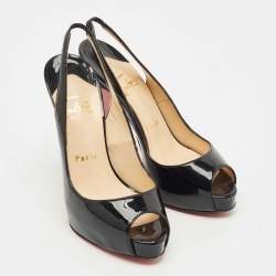 Pre Owned Christian Louboutin Black Patent Leather Lady Peep Slingback Pumps Size 35