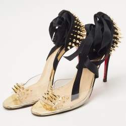 Pre Owned Christian Louboutin Black/Transparent Suede and PVC Barbarissima Spike Wrap Sandals Size 38.5