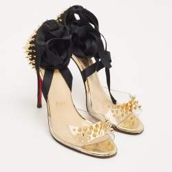 Pre Owned Christian Louboutin Black/Transparent Suede and PVC Barbarissima Spike Wrap Sandals Size 38.5