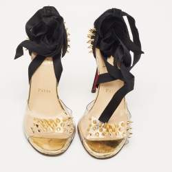Pre Owned Christian Louboutin Black/Transparent Suede and PVC Barbarissima Spike Wrap Sandals Size 38.5
