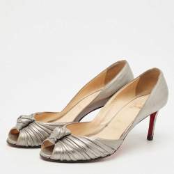 Pre Owned Christian Louboutin Silver Leather Knot Peep Toe Pumps Size 40