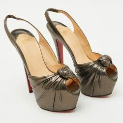 Pre Owned صندل كريستيان لوبوتان ميتاليك جلد بنقشة سحلية ميس بينين كعب معقود سحاب خلفي مقاس 37