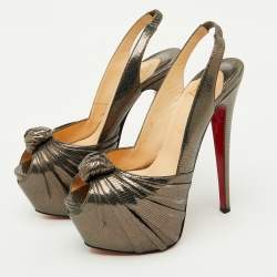 Pre Owned صندل كريستيان لوبوتان ميتاليك جلد بنقشة سحلية ميس بينين كعب معقود سحاب خلفي مقاس 37