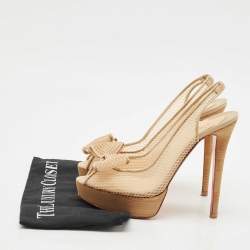 Pre Owned Christian Louboutin Beige Mesh and Leather Bow Slingback Pumps Size 39