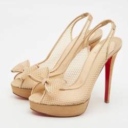 Pre Owned Christian Louboutin Beige Mesh and Leather Bow Slingback Pumps Size 39