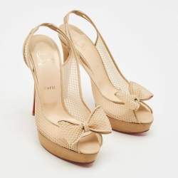 Pre Owned Christian Louboutin Beige Mesh and Leather Bow Slingback Pumps Size 39
