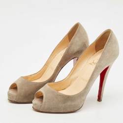 Pre Owned Christian Louboutin Grey Suede Prive Peep Toe Platform Pumps Size 36.5