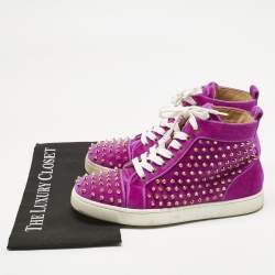 Pre Owned Christian Louboutin Pink Velvet Spike Louis High Top Sneakers Size 40.5