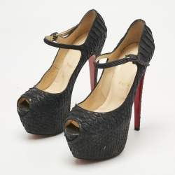 Pre Owned Christian Louboutin Black Python Lady Highness Peep Toe Pumps Size 39.5