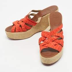 Pre Owned Christian Louboutin Orange Pleton Fabric Crepon Wedge Sandals Size 40