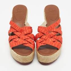 Pre Owned Christian Louboutin Orange Pleton Fabric Crepon Wedge Sandals Size 40