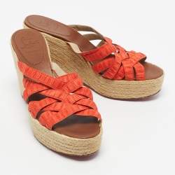 Pre Owned Christian Louboutin Orange Pleton Fabric Crepon Wedge Sandals Size 40
