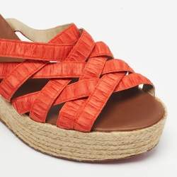 Pre Owned Christian Louboutin Orange Pleton Fabric Crepon Wedge Sandals Size 40