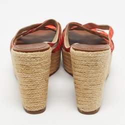 Pre Owned Christian Louboutin Orange Pleton Fabric Crepon Wedge Sandals Size 40
