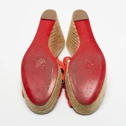 Pre Owned Christian Louboutin Orange Pleton Fabric Crepon Wedge Sandals Size 40