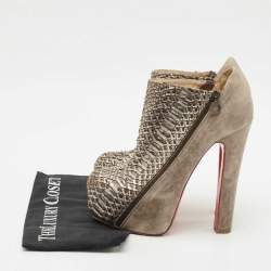 Pre Owned Christian Louboutin Metallic/Brown Python Leather and Suede 4A Ankle Length Boots Size 39