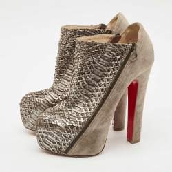 Pre Owned Christian Louboutin Metallic/Brown Python Leather and Suede 4A Ankle Length Boots Size 39