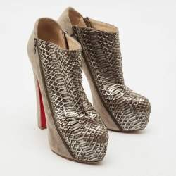 Pre Owned Christian Louboutin Metallic/Brown Python Leather and Suede 4A Ankle Length Boots Size 39
