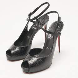 Pre Owned حذاء كعب عالي كريستيان لوبوتان جينلوف ألتا جلد منقوش أسود بزخرفة جلد التمساح مقدمة مفتوحة بحزام للكاحل مقاس 40