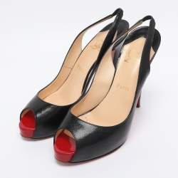 Pre Owned Christian Louboutin Black Leather No Prive Peep Toe Slingback Pumps Size 39.5