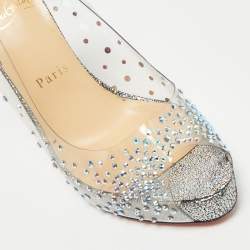 Pre Owned Christian Louboutin Transparent/Blue PVC and Glitter Suede Very Strass Peep Toe Pumps Size 38