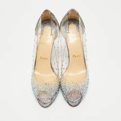 Pre Owned Christian Louboutin Transparent/Blue PVC and Glitter Suede Very Strass Peep Toe Pumps Size 38