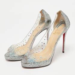 Pre Owned Christian Louboutin Transparent/Blue PVC and Glitter Suede Very Strass Peep Toe Pumps Size 38