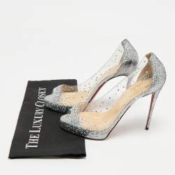 Pre Owned Christian Louboutin Transparent/Blue PVC and Glitter Suede Very Strass Peep Toe Pumps Size 38