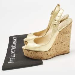 Pre Owned Christian Louboutin Gold Leather Une Plume Wedge Sandals Size 37