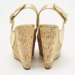 Pre Owned Christian Louboutin Gold Leather Une Plume Wedge Sandals Size 37