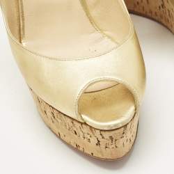 Pre Owned Christian Louboutin Gold Leather Une Plume Wedge Sandals Size 37