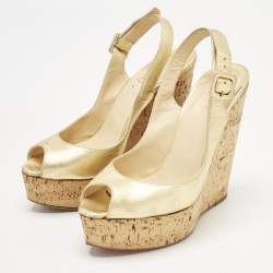 Pre Owned Christian Louboutin Gold Leather Une Plume Wedge Sandals Size 37