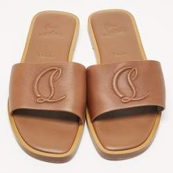 Pre Owned Christian Louboutin Brown Leather CL Flat Slides Size 40