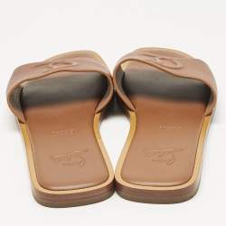 Pre Owned Christian Louboutin Brown Leather CL Flat Slides Size 40