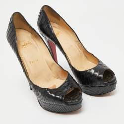 Pre Owned Christian Louboutin Black Python Lady Peep-Toe Platform Pumps Size 38