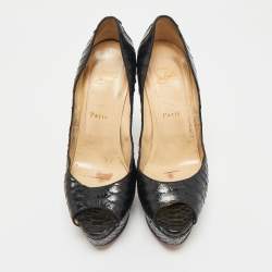Pre Owned Christian Louboutin Black Python Lady Peep-Toe Platform Pumps Size 38