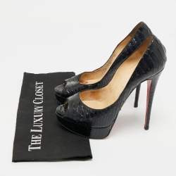 Pre Owned Christian Louboutin Black Python Lady Peep-Toe Platform Pumps Size 38