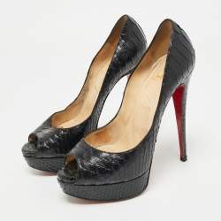 Pre Owned Christian Louboutin Black Python Lady Peep-Toe Platform Pumps Size 38