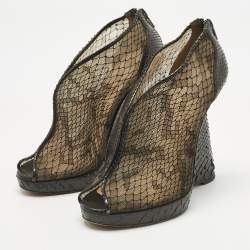 Pre Owned Christian Louboutin Black Python and Mesh Janet Wedge Pumps Size 36