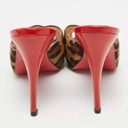 Pre Owned Christian Louboutin Brown/Beige Calf Hair Slide Sandals Size 38.5