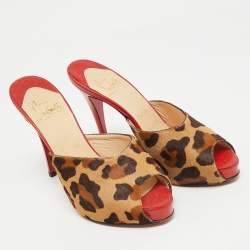 Pre Owned Christian Louboutin Brown/Beige Calf Hair Slide Sandals Size 38.5