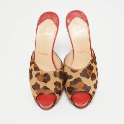 Pre Owned Christian Louboutin Brown/Beige Calf Hair Slide Sandals Size 38.5