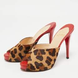 Pre Owned Christian Louboutin Brown/Beige Calf Hair Slide Sandals Size 38.5