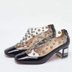 Pre Owned Christian Louboutin Black Patent Leather and PVC Space Odd Booties Size 38