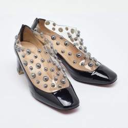 Pre Owned Christian Louboutin Black Patent Leather and PVC Space Odd Booties Size 38